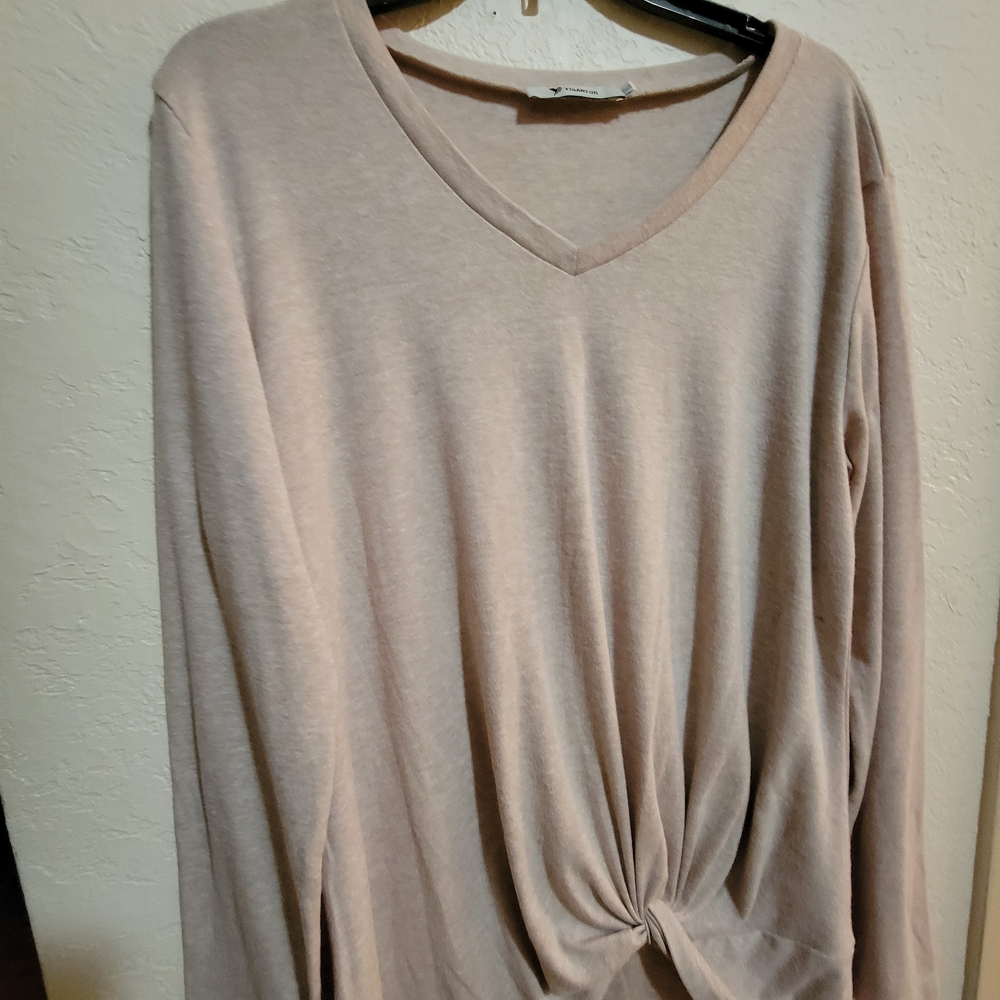 Elegant V-Neck Knotted Long Sleeve Top - Beige